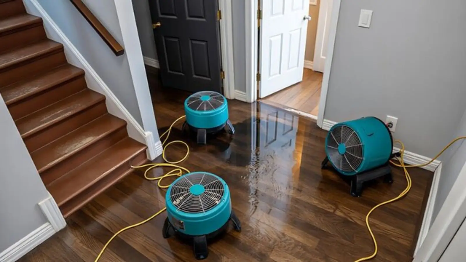 Two air movers drying a wet hardwood floor beside a staircase in a Flower Mound home
